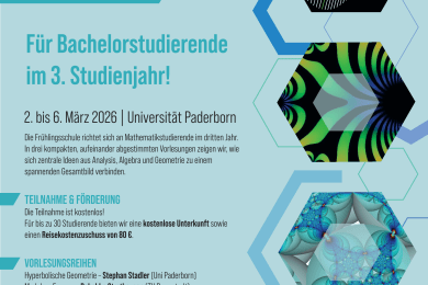 FRÜHLINGSSCHULE GEOMETRIE UND SYMMETRIE Für Bachelorstudierende im 3. Studienjahr! 2. bis 6. März 2026 | Universität Paderborn Die Frühlingsschule richtet sich an Mathematikstudierende im dritten Jahr. In drei kompakten, aufeinander abgestimmten Vorlesungen zeigen wir, wie sich zentrale Ideen aus Analysis, Algebra und Geometrie zu einem spannenden Gesamtbild verbinden. TEILNAHME & FORDERUNG Die Teilnahme ist kostenlos! Für bis zu 30 Studierende bieten wir eine kostenlose Unterkunft sowie einen Reisekostenzuschuss von 80 €. VORLESUNGSREIHEN Hyperbolische Geometrie - Stephan Stadler (Uni Paderborn] Modulare Formen - Rebekka Strathausen [TU Darmstadt] Diskrete Gruppen & Hyperbolische Flächen - Tobias Weich (Uni Paderborn] Weitere Informationen & Bewerbung: go.upb.de/GeomSym Bewerbungsfrist 31.01.2026 SPONSORED BY: Hyperbolic honeycomb5-3-i poincare - Roice3- Wikimedia Commons CC-BY-SA 4.0 Diskriminant Real Part - Linas Vepstas - Wikimedia Commons CC-BY-SA 3.0 Bilder: HP translation-surface - TED-43 - Wikimedia Commons CC-BY 4.0 TRR Emmy Noether- UNIVERSITÄT 358 Programm PADERBORN SFB TRR 358 Integral Structures in Geometry and Represenation Theory Emmy Noether Gruppe "Microlocal Methods for Hyperbolic" Dynamics Institut für Mathematik der Universität Paderborn